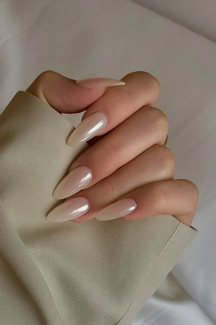 Soft Pearlescent Nude Almond — Medium Length Winter Nails