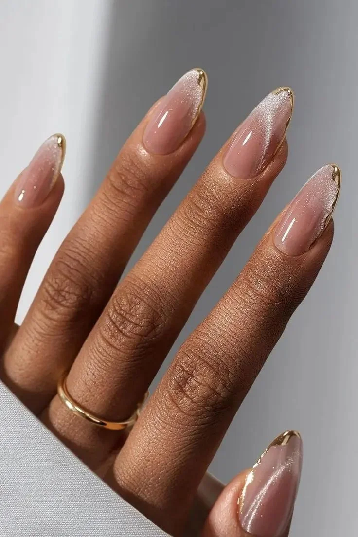 Sheer Pink Gold Foil Cat-Eye Almond — Medium Length Winter Nails