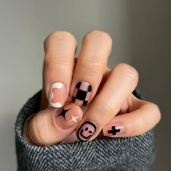 Checkerboard & Playful Decals on Short Square — Short Winter Gel Nails