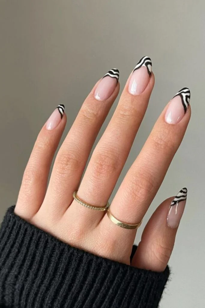Sheer Pink Wavy Stripe Tip Almond Nails — Short Winter Almond Nails