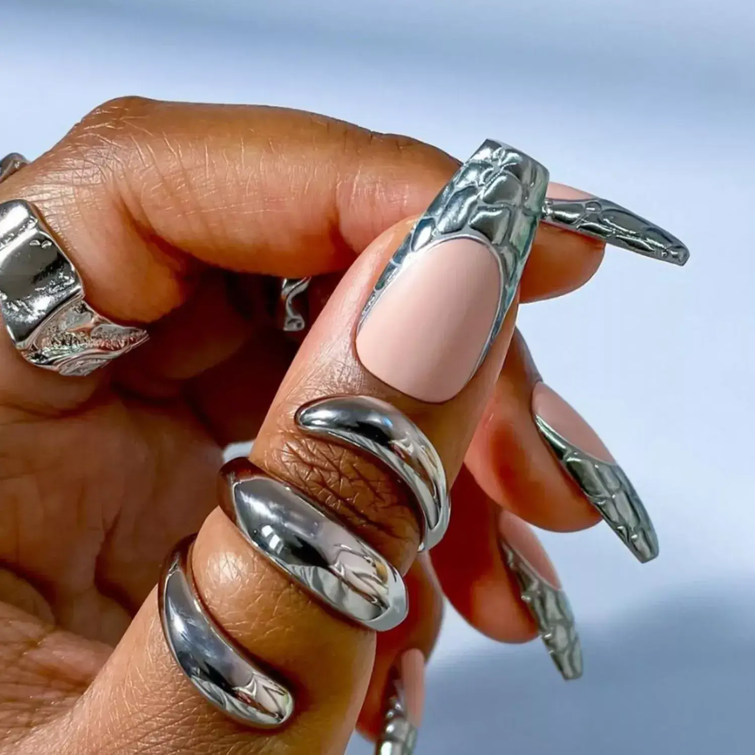 Pale Pink Base With Silver Foil Accents Visual Idea Pale Pink Base With Silver Foil Accents Visual Idea — Winter Coffin Nails