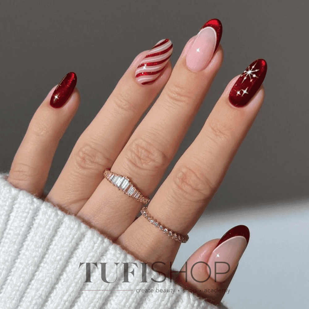 Festive Winter Candy Cane French Tips Festive Winter Candy Cane French Tips — Winter Oval Nails