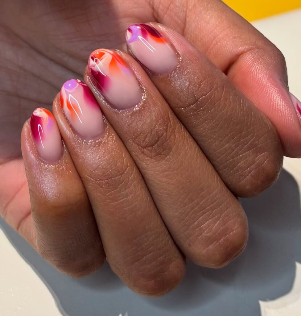 Abstract Color Splash Tips on Nude Base — Winter Round Nails