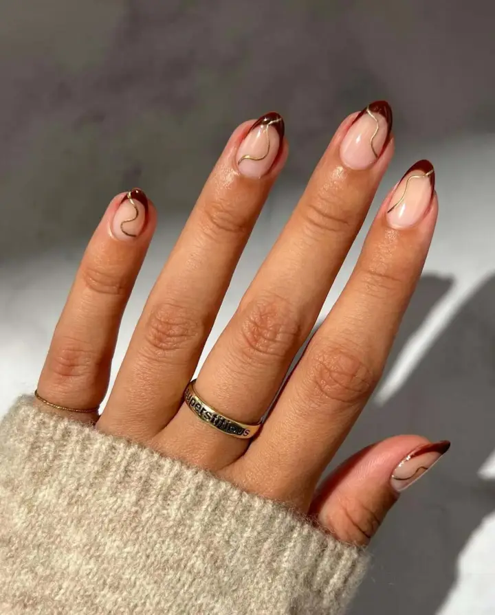 Nude French Tips with Gold Lines Almond Nails — Winter Round Nails