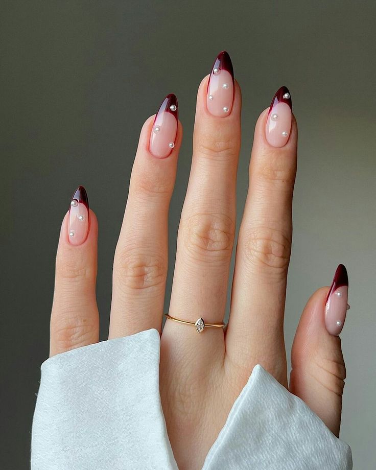 Long Stiletto Burgundy French with Pearls Long Stiletto Burgundy French with Pearls — Winter Stiletto Nails