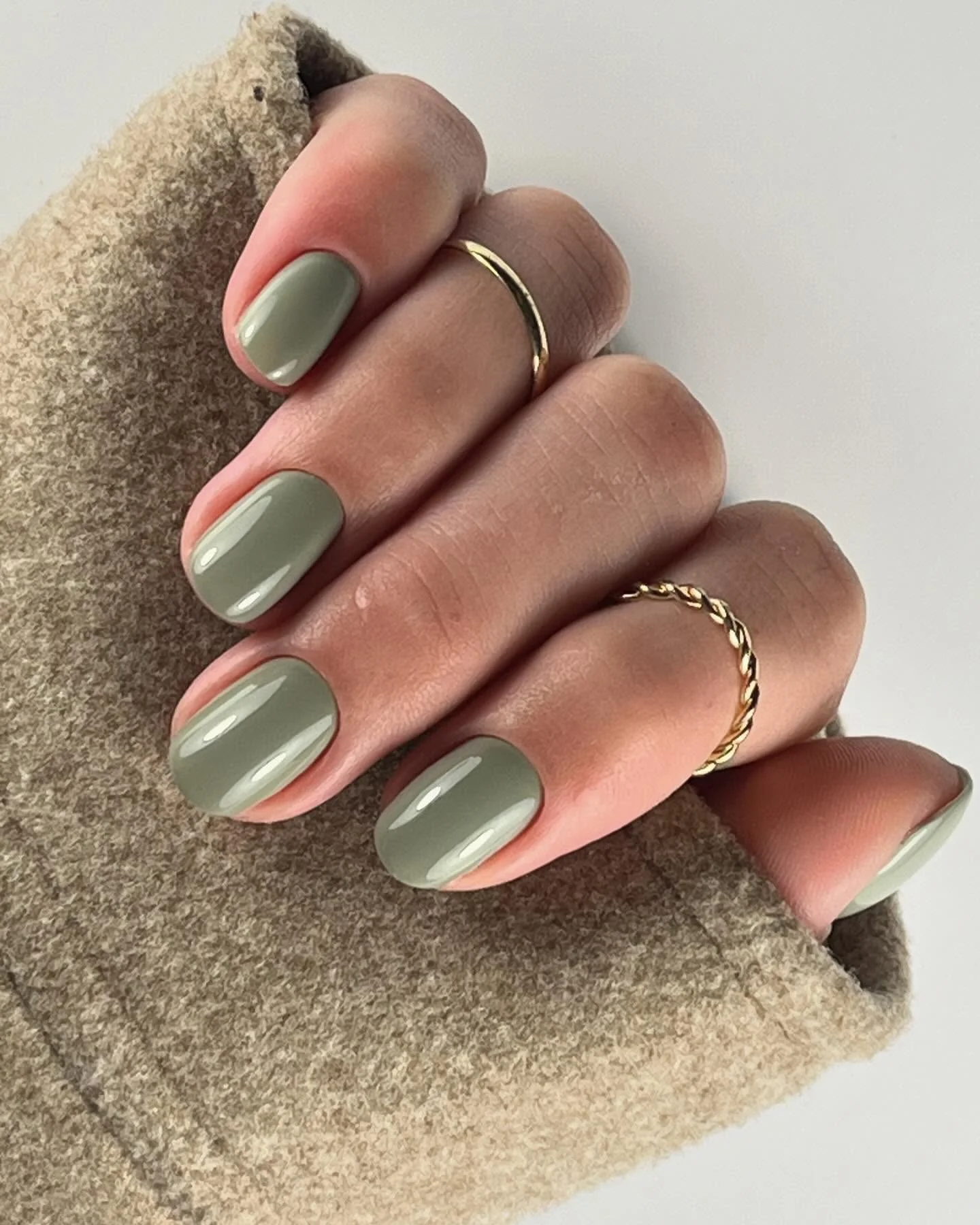 Sage Green Glossy Medium Squovals — Winter Squoval Nails