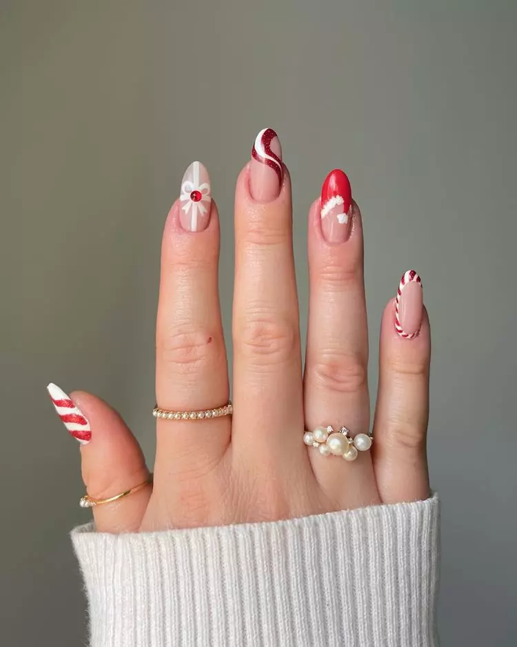 Long Almond Christmas Art Mix — Winter Wonderland Nails