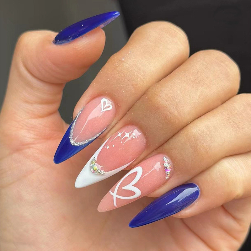 Complex Royal Blue With Embellished French Tips — Winter Blue Nails