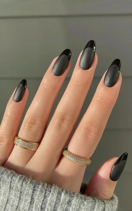Matte Dark Grey French With Glossy Tips Matte Dark Grey French With Glossy Tips — Winter Black Nails