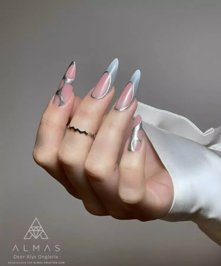 Extra-Long Stiletto with Silver Foil French — Winter Gray Nails