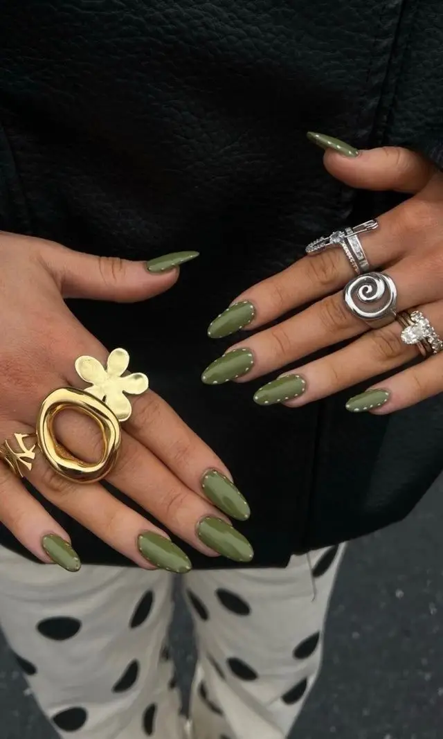 Olive Green Nails with Cuticle Studs — Winter to Spring Transition Nails