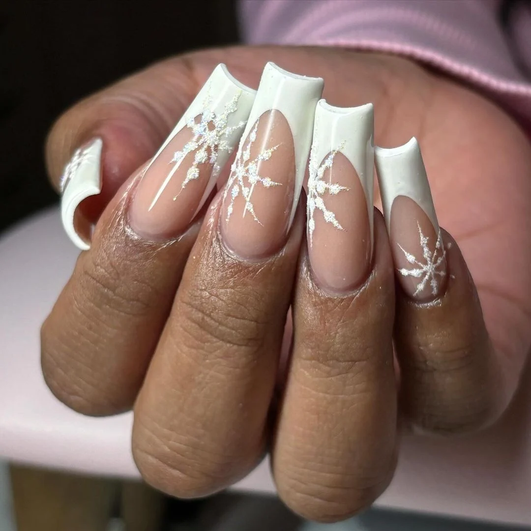 Festive Glitter Snowflake French Tips — Snowflake Nails