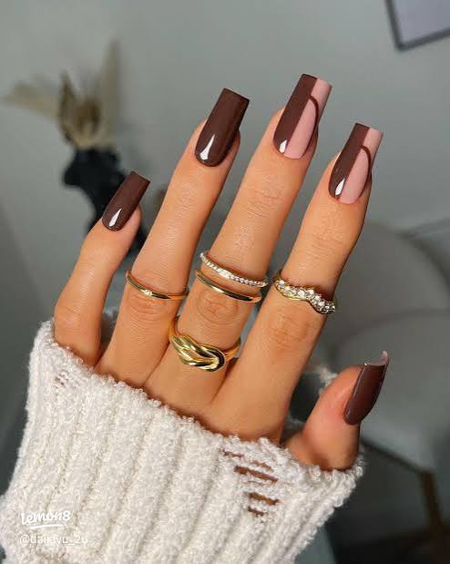 Long Coffin Color Block Brown And Pink — Chocolate Brown Nails
