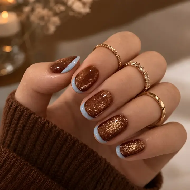 Brown With Gold Glitter And Blue French Tip — Chocolate Brown Nails