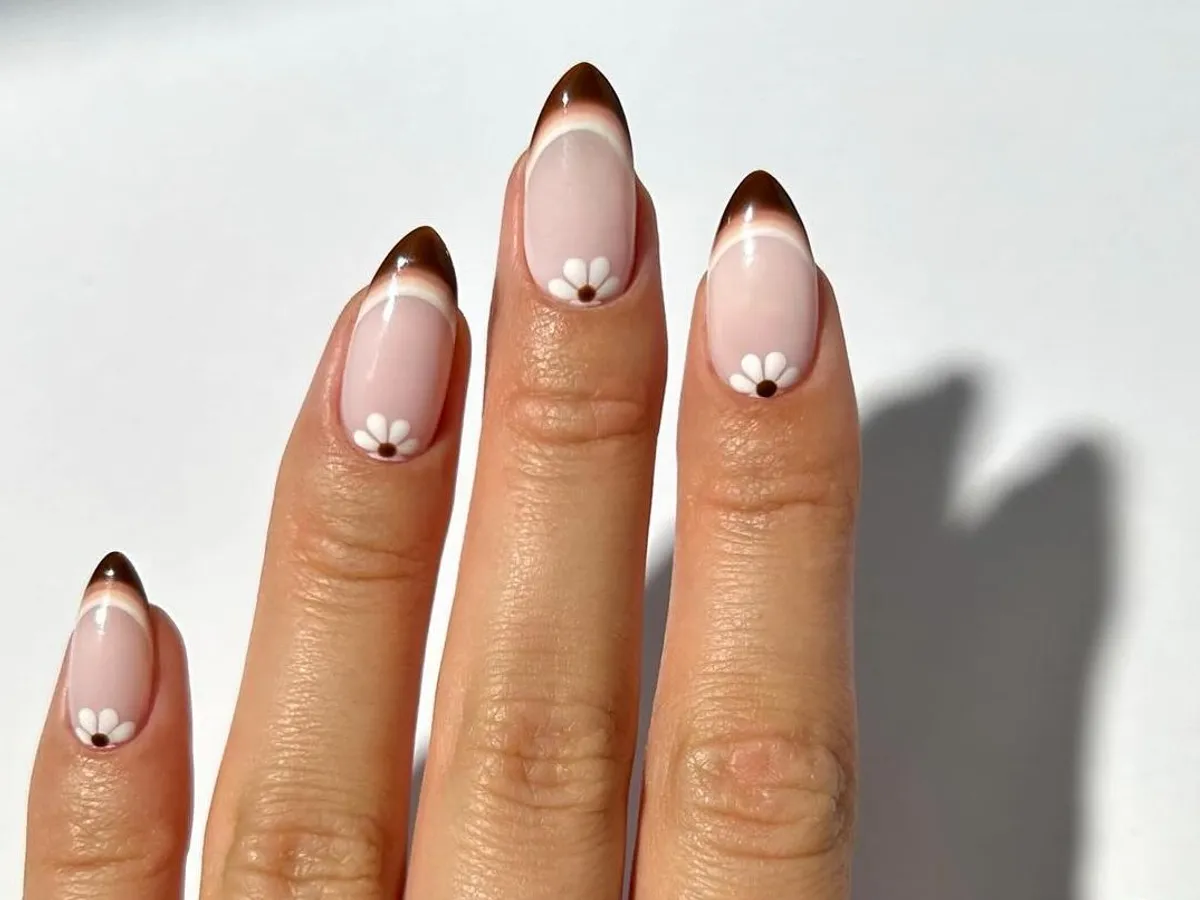 Brown French Tips with Floral Accents Long Almonds — Mocha Nails
