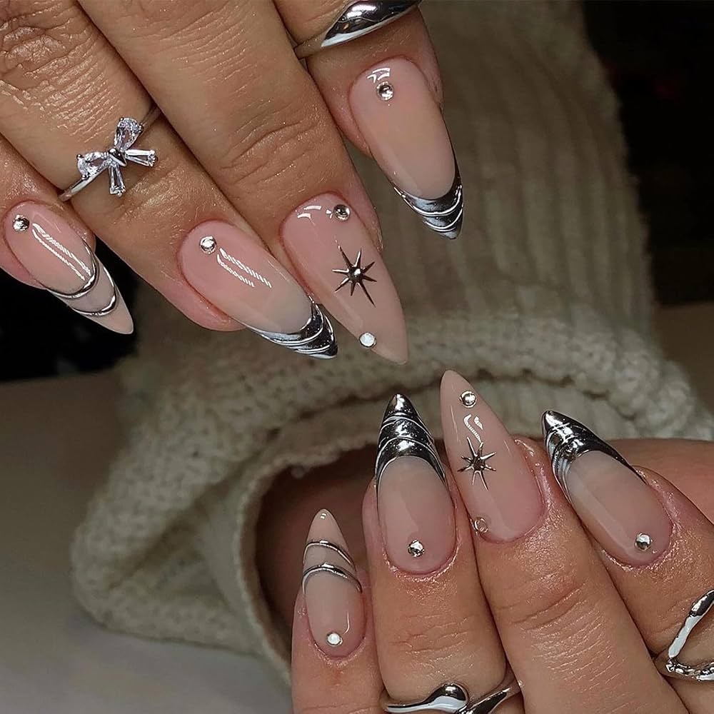 Chrome French with Starbursts and Gems — Silver Chrome Nails