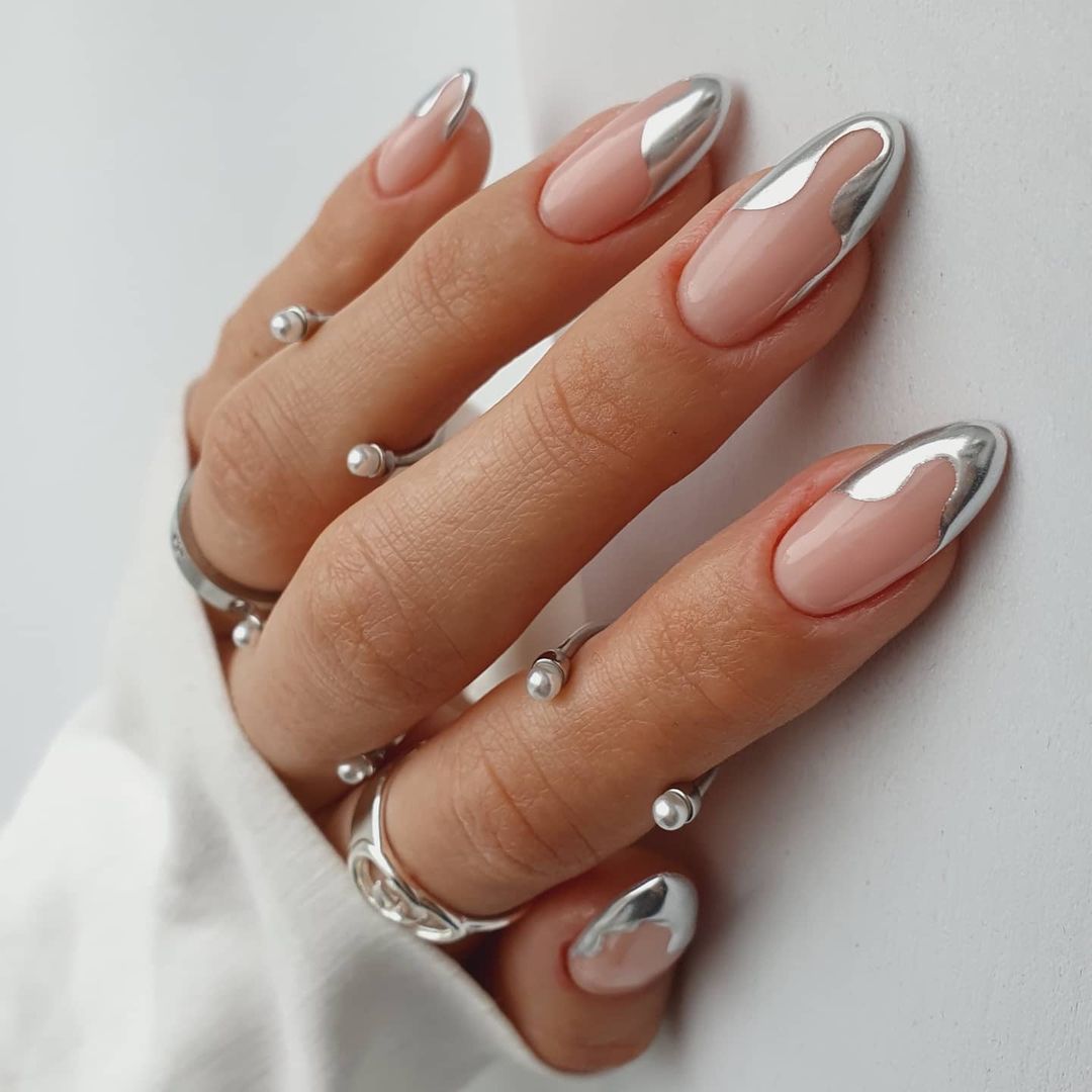 Nude Base with Abstract Silver Accents — Silver Chrome Nails