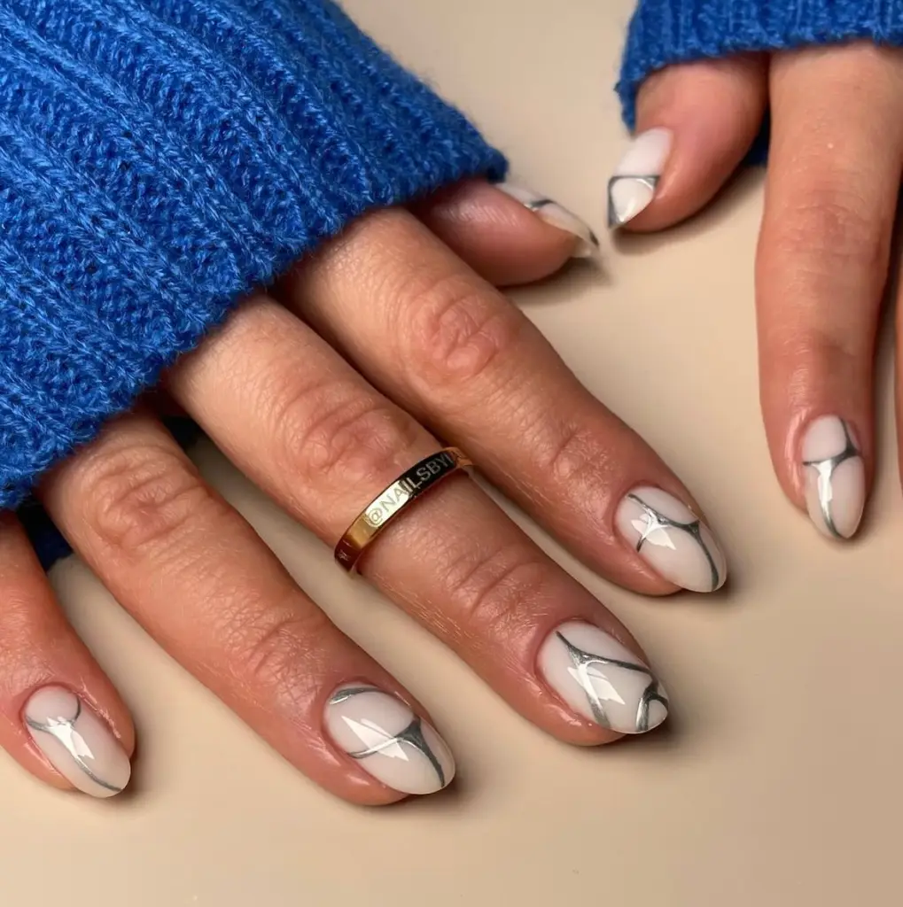 Nude Base with Silver Line Art — Silver Chrome Nails