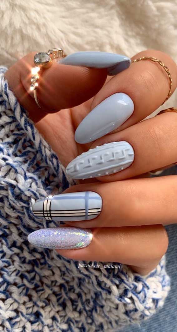 Light Blue White Silver Glitter Visual Idea Light Blue White Silver Glitter Visual Idea — Sweater Nails