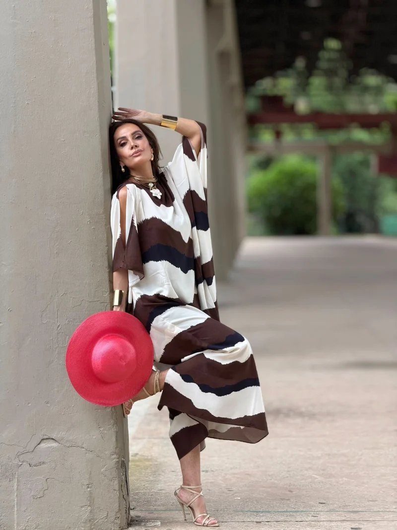 Abstract Stripe Kaftan and Bold Accessories — Cabin Trip Outfits