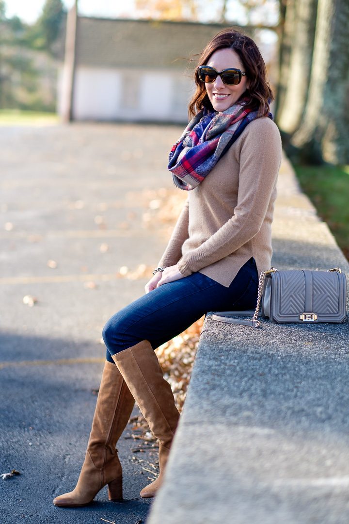 Cozy Accessories: Tan Sweater with Plaid Scarf and Suede Boots Cozy Accessories: Tan Sweater with Plaid Scarf and Suede Boots — January Outfits