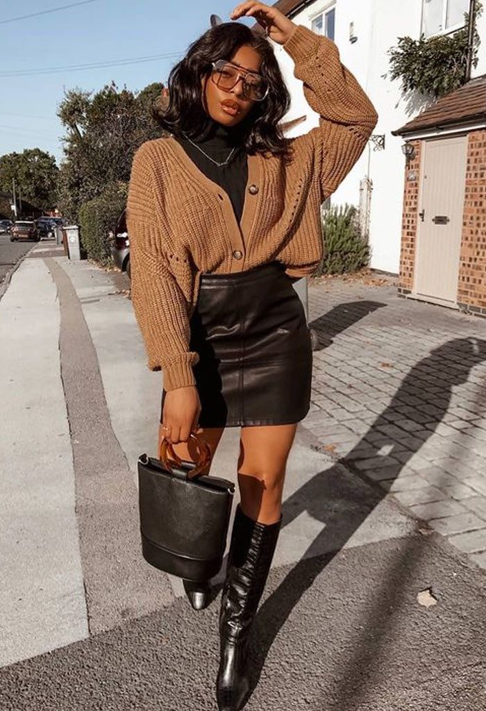 Textural Mix: Knit Cardigan with Faux Leather Mini Skirt Textural Mix: Knit Cardigan with Faux Leather Mini Skirt — January Outfits