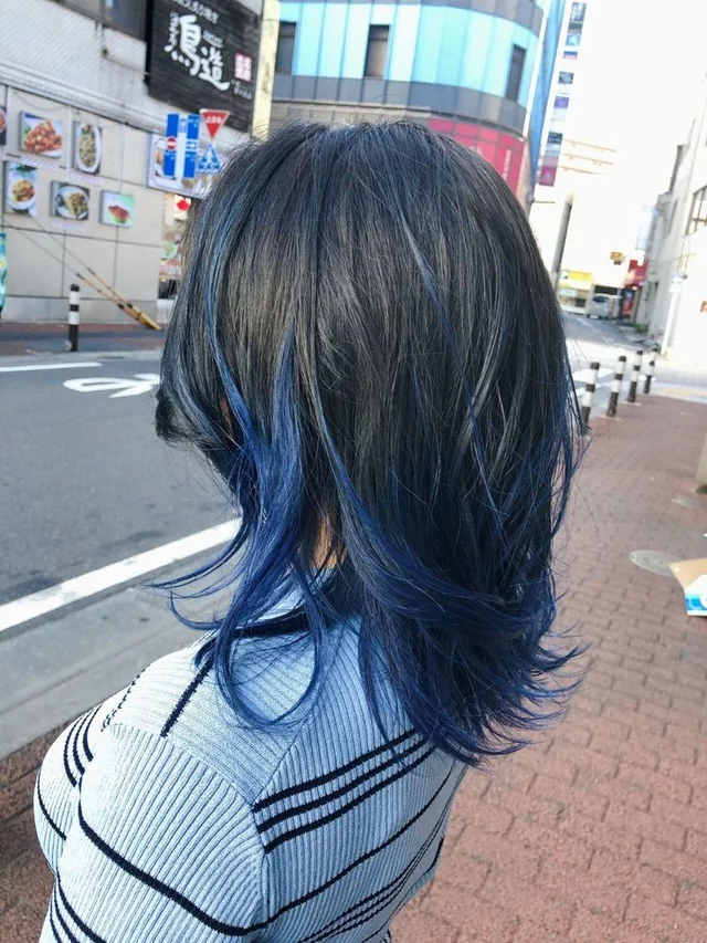 Blue Ombré Lob With Subtle Waves — Blue Black Hair
