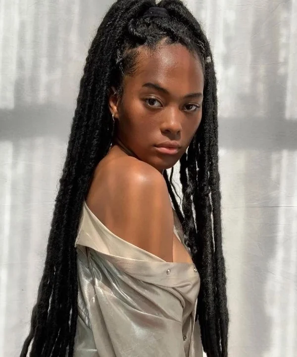 Visual Idea — Long Faux Locs Extend To The Mid-Back Visual Idea — Long Faux Locs Extend To The Mid-Back — Winter Hairstyles for Black Women