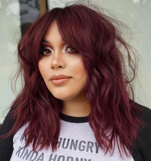 Burgundy Lob With Curtain Bangs — Winter Shoulder Length Hairstyles