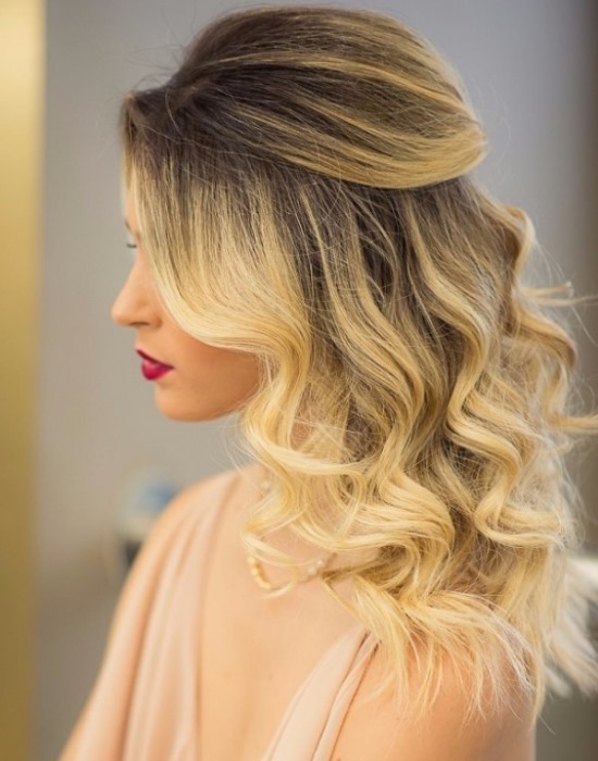 Side-Parted Half Updo with Curled Ends — Winter Updos