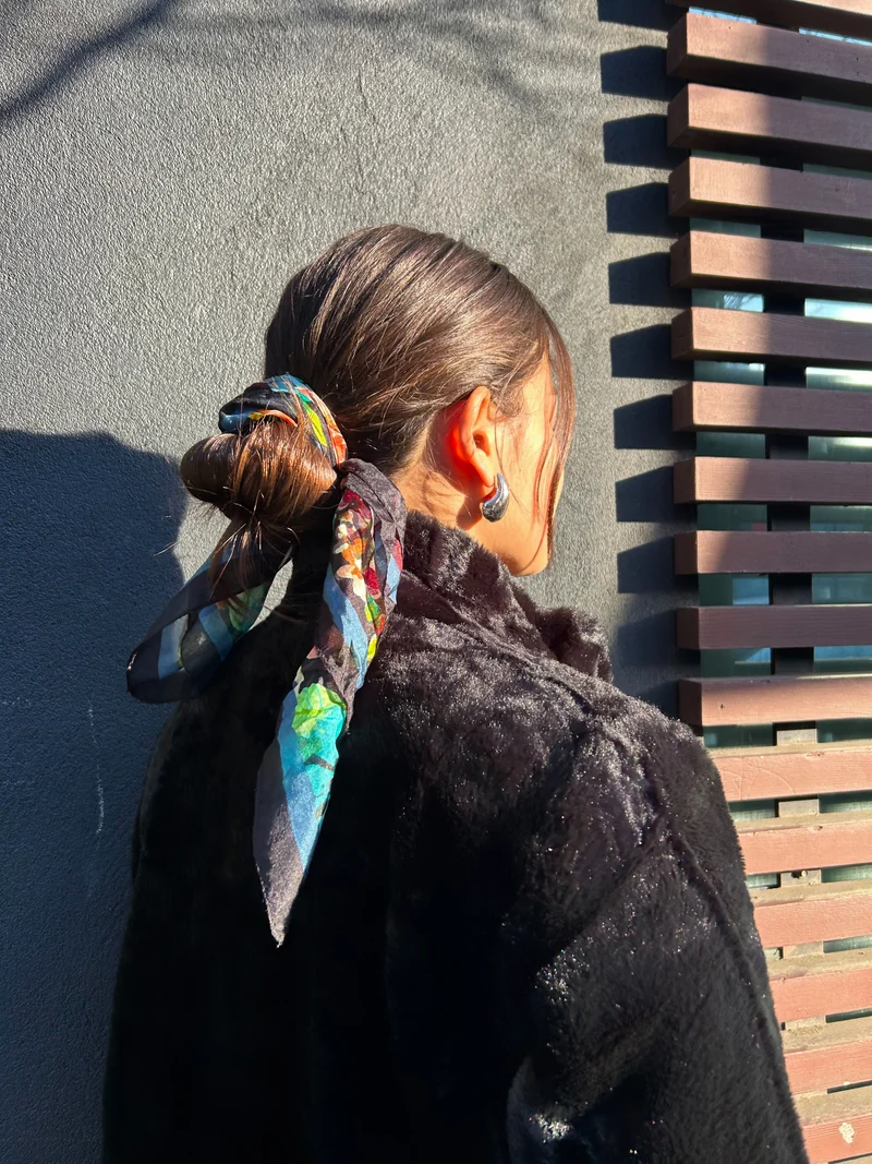 Thick Dark Brown Low Bun with Scarf Tie Thick Dark Brown Low Bun with Scarf Tie — Winter Hairstyles with Scarf
