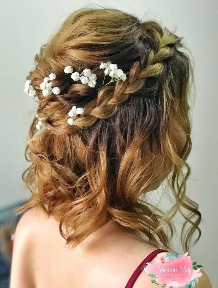 Brown Collarbone Waves With Baby's Breath — Winter Wedding Hairstyles