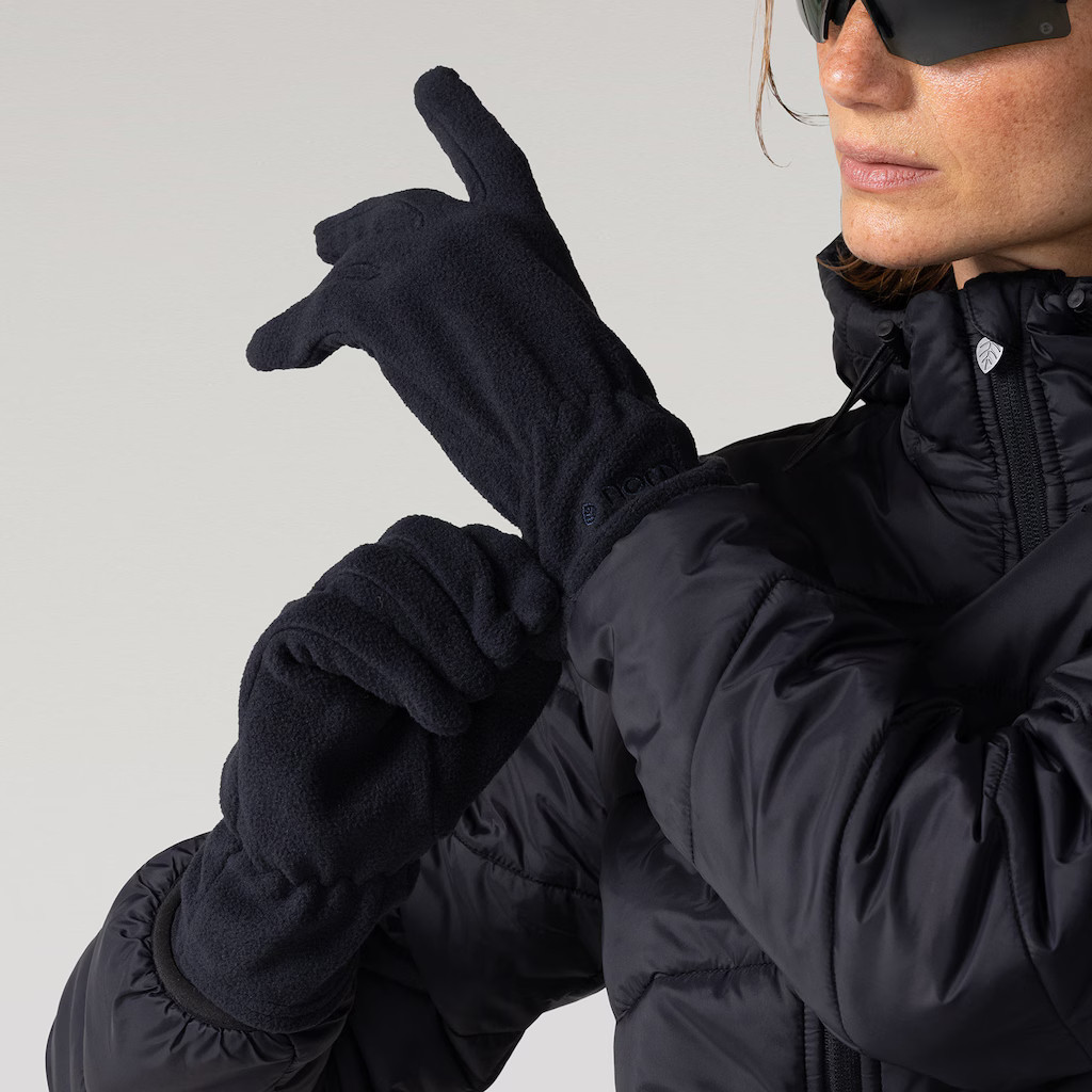 Black Puffer Jacket with Fleece Gloves and Sunglasses — Winter Hiking Outfits