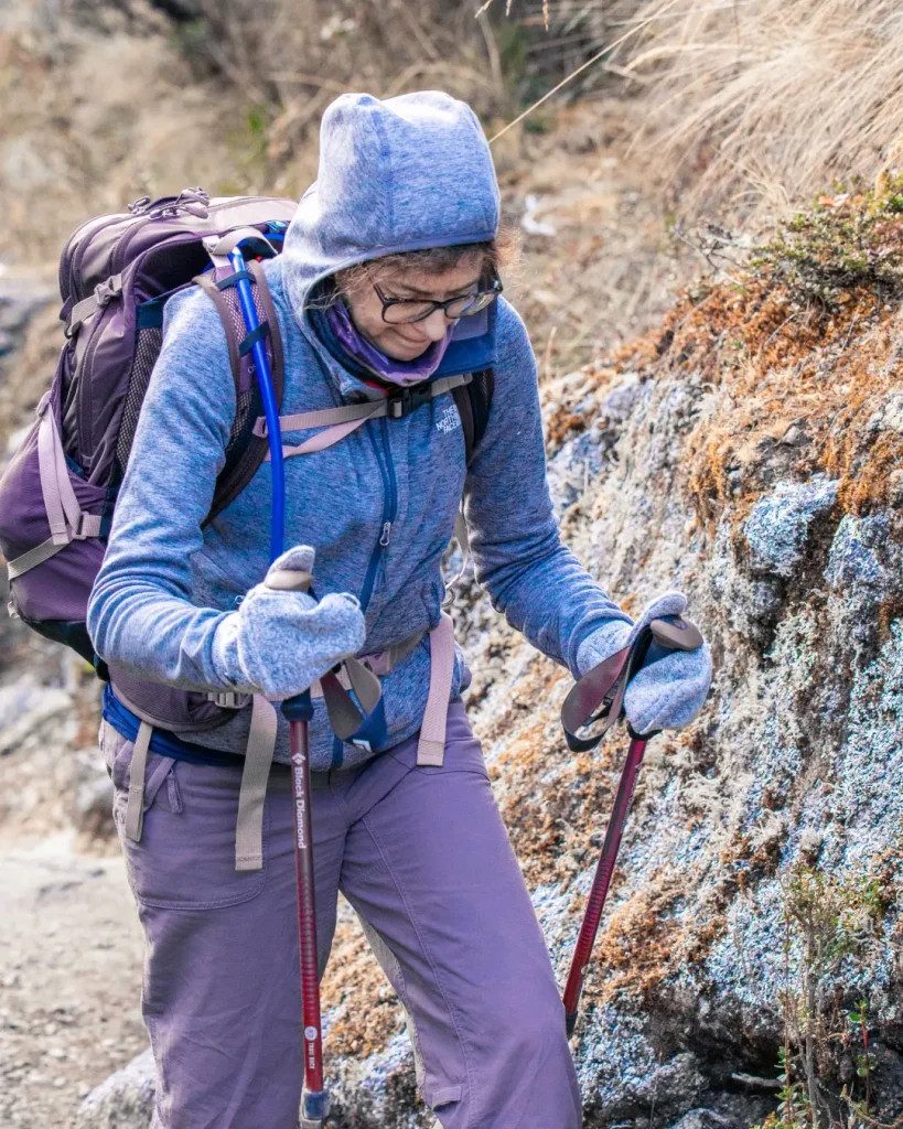 Grey Fleece Jacket and Pants with Purple Accents — Winter Hiking Outfits
