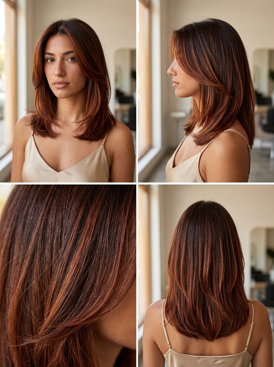 long mahogany copper balayage with rich auburn and dark brown root for luxury