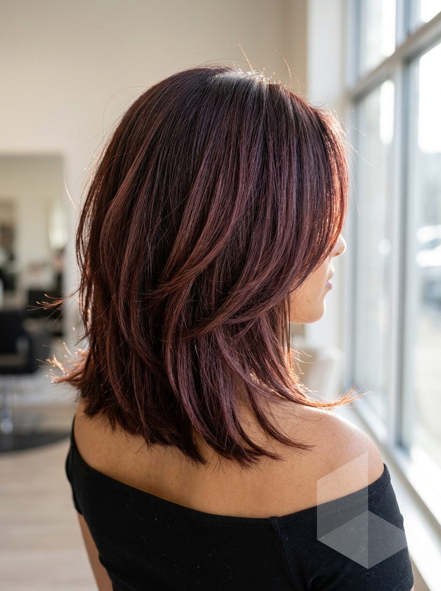 shoulder-length lob mahogany espresso with red-violet reflects, heavy internal layers & curtain bangs