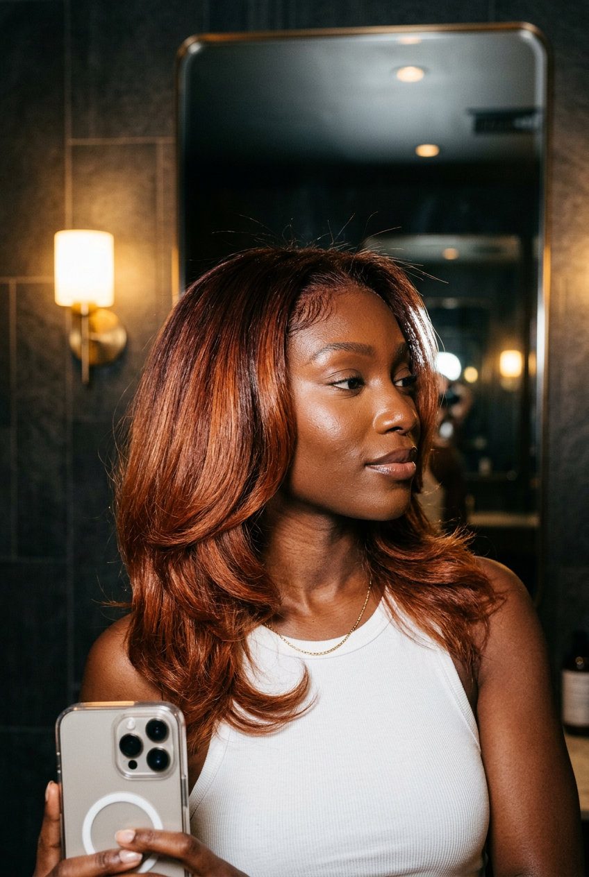 long layered color melt with mahogany auburn to glazed copper-red, romantic mood