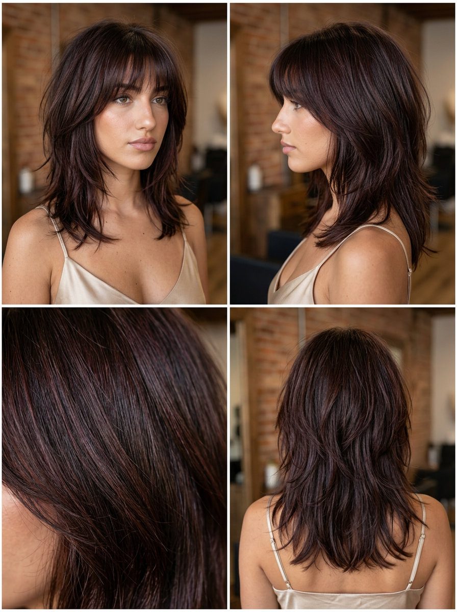 medium mahogany shag with choppy layers and piecey bangs for music festivals