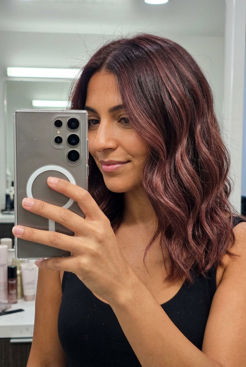 Mahogany Rose Air Touch Balayage 2026 long layered mahogany rose balayage with rose gold & warm brown root, air touch technique — romantic vintage vibe