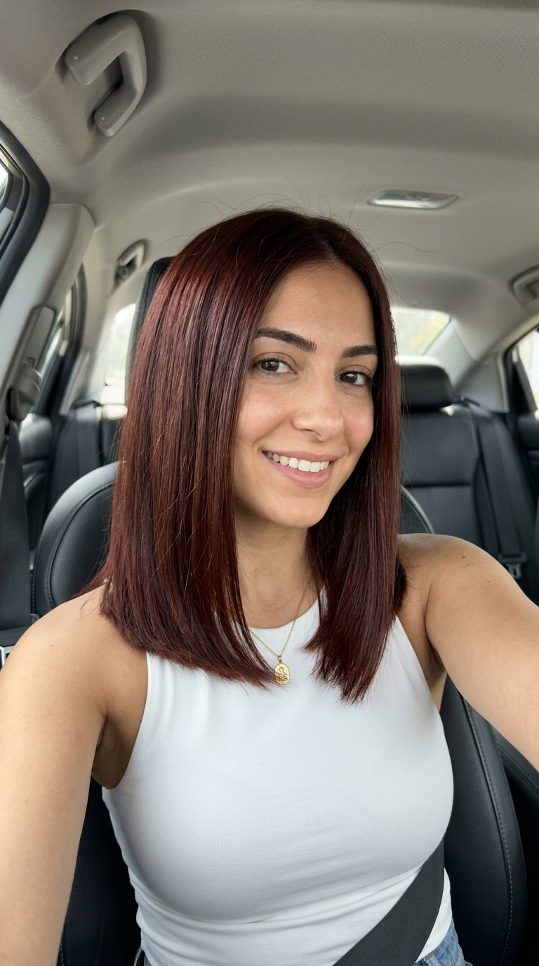 shoulder-length bob mahogany all-over with red-brown undertones for professional