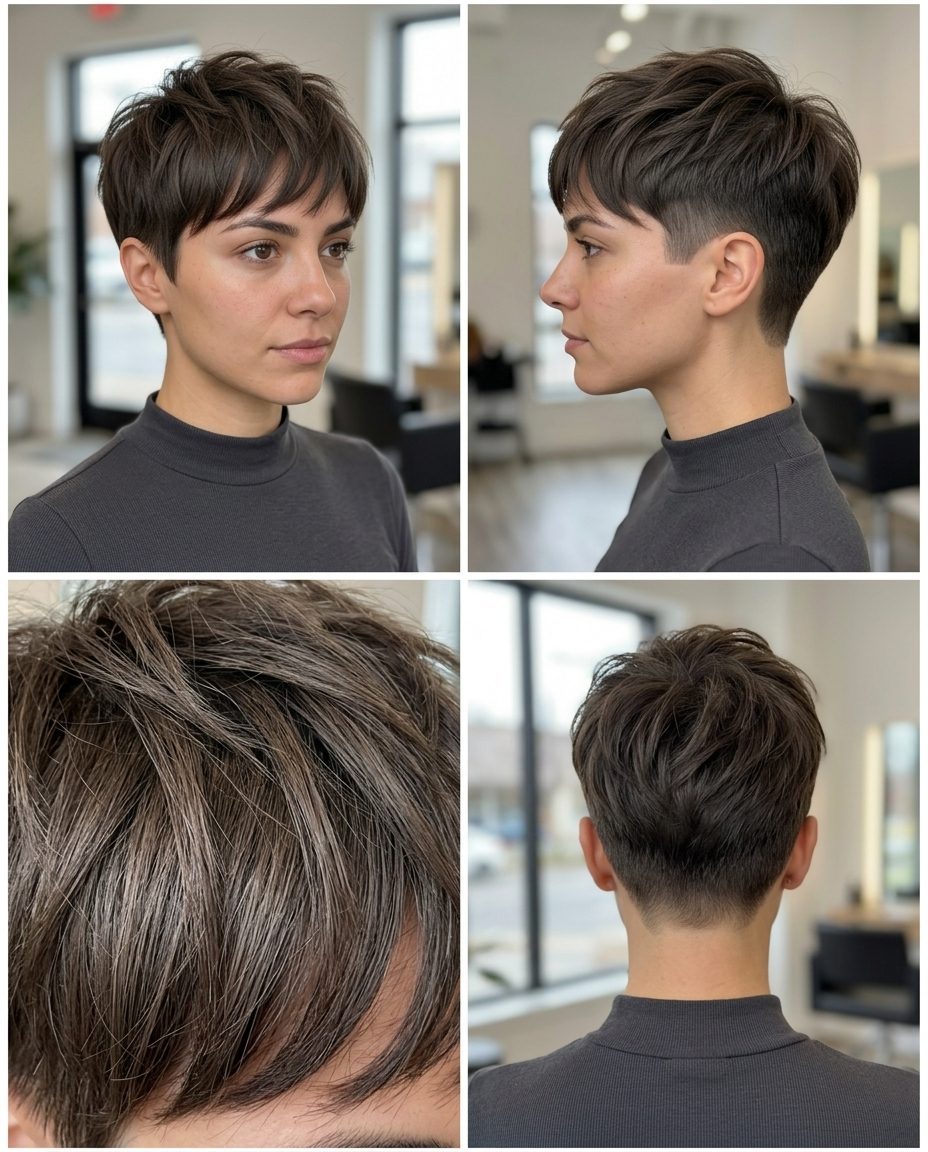 short espresso brunette pixie crop with raw cacao matte ash undertones, heavily textured top, edgy playful