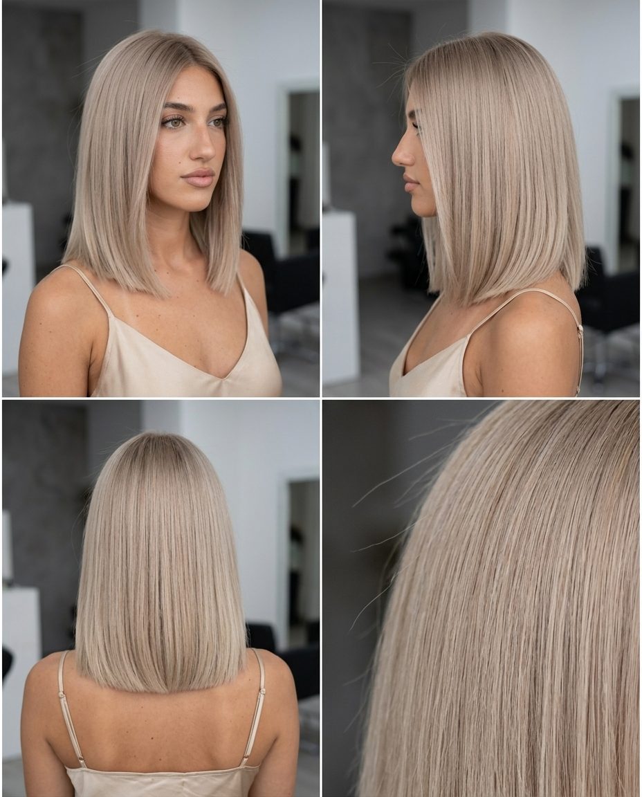 Chic Matte Sandy Blonde Lob 2026 collarbone-length blunt lob with matte pale sandy blonde, cool beige, center part — chic