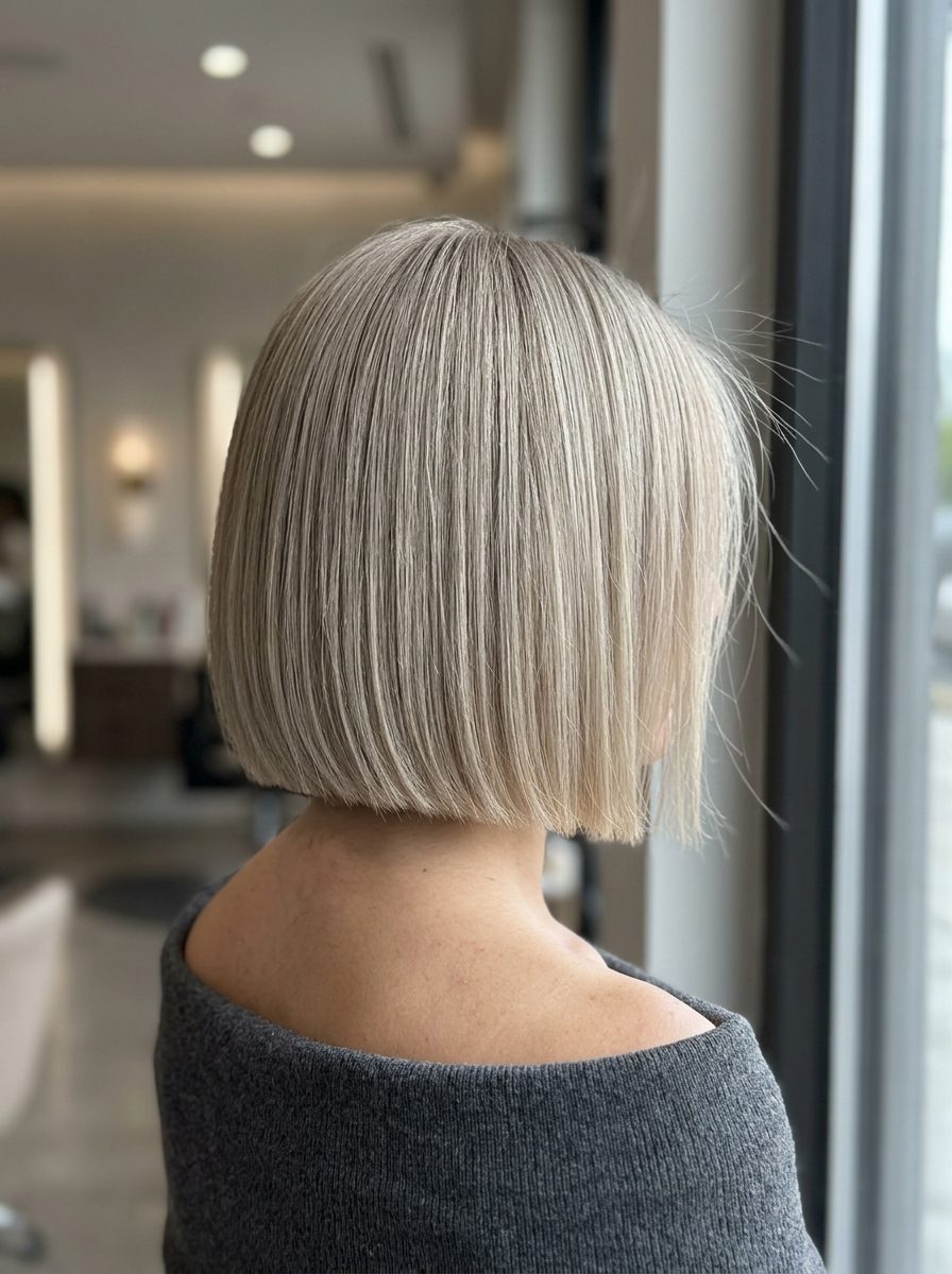 Matte Stone Ash Blonde Highlights 2026 short ash blonde hair color with matte stone ash blonde, full head highlights, no fringe — professional