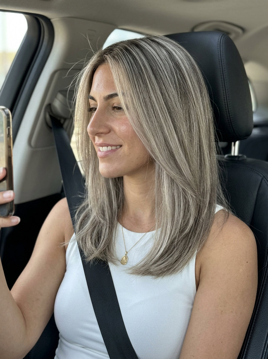 Stone Blonde Highlights 2026 long ash blonde with matte stone highlights, no fringe — sophisticated professional look