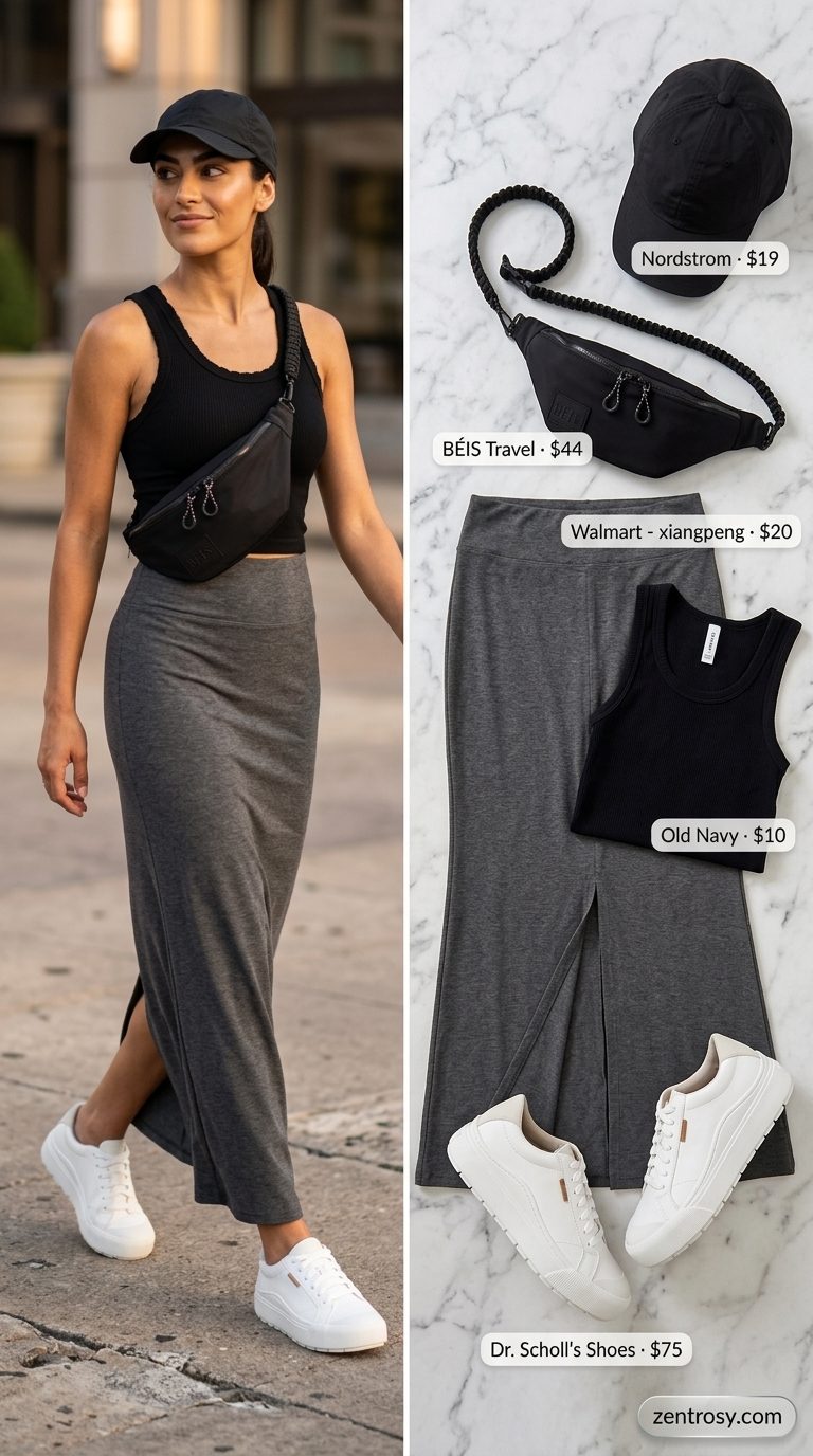 Athleisure look: charcoal maxi skirt with slit, black tank, sneakers, belt bag, cap. Maxi skirt with slit outfits summer 2026.
