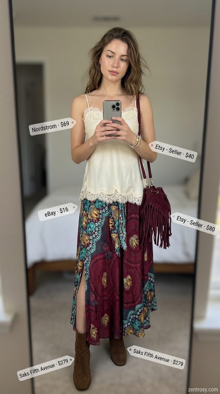 Bohemian outfit: jewel tone maxi skirt with slit, cream camisole, suede bag. Maxi skirt with slit outfits summer 2026.