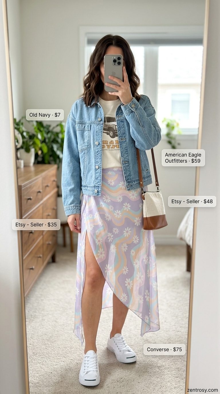 Casual summer outfit: floral maxi skirt with slit, graphic tee, denim jacket. Maxi skirt with slit outfits summer 2026.