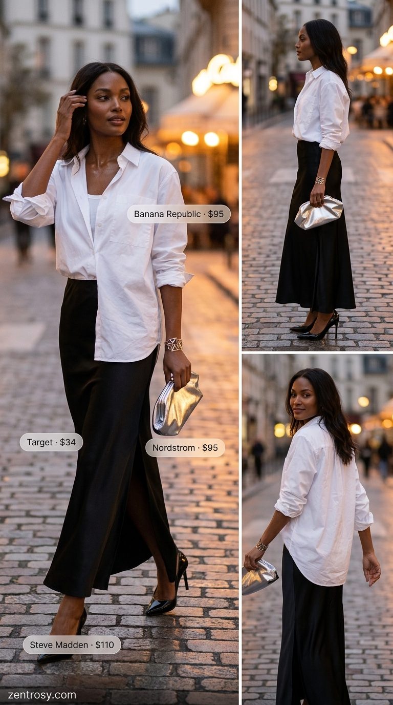 Maxi skirt with slit outfits summer 2026: Black satin skirt, white shirt, silver clutch for office chic or evening out.