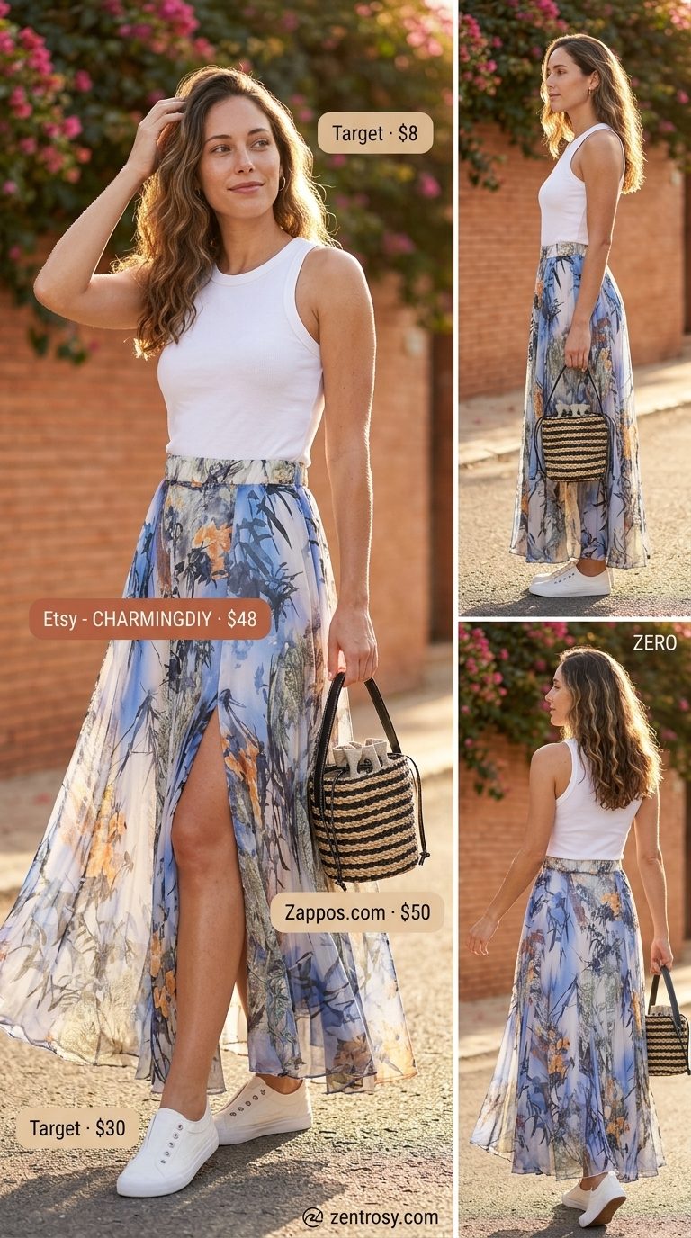 Maxi skirt with slit outfits summer 2026: Pastel blue floral skirt, white tank, straw crossbody for a beach day.