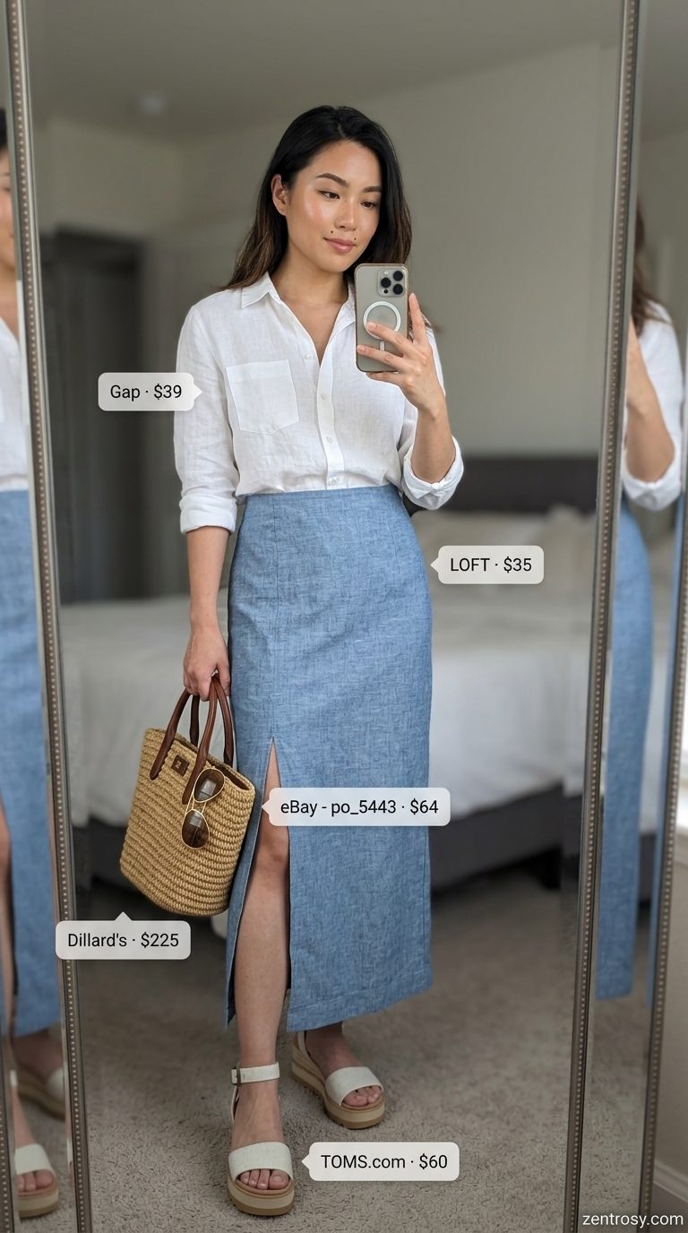 Coastal outing outfit: light blue maxi skirt with slit, white linen shirt, straw tote. Maxi skirt with slit outfits summer 2026.